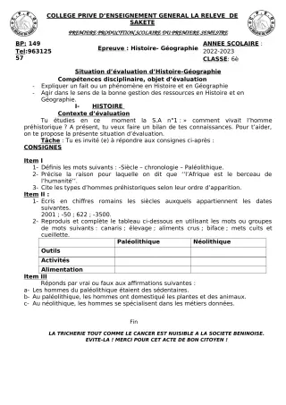 Première page de Histoire-Géographie 6e — 1er semestre (2022-2023) · CPEG LA RELEVE