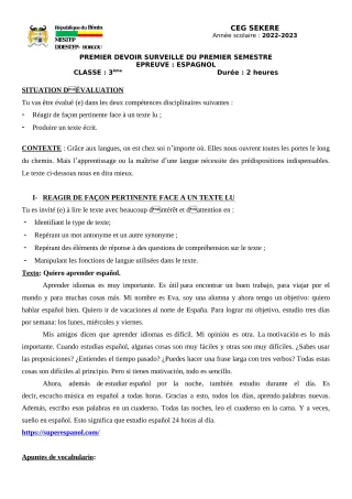 Première page de Espagnol 3e — 1er devoir surveillé, 1er semestre (2022-2023) · CEG SEKERE