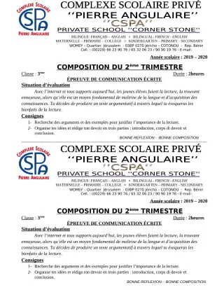 Première page de Français 3e — 3e composition, 2e trimestre (2019-2020) · CPEG PIERRE ANGULAIRE
