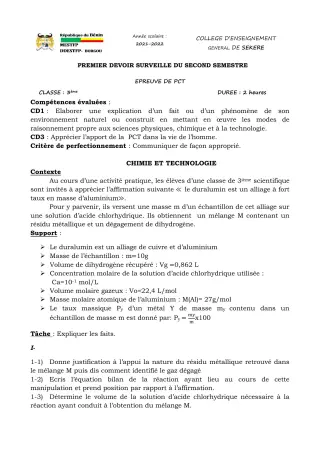 Première page de PCT 3e — 1er devoir surveillé, 2e semestre (2021-2022) · CEG SEKERE