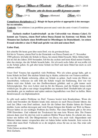 Première page de Allemand 1ère A — 1er devoir surveillé, 1er semestre (2018-2019) · PMB