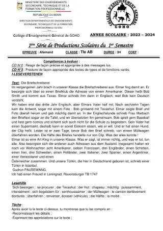 Première page de Allemand Tle A & B — 1re production scolaire, 1er semestre (2023-2024) · CEG GOHO