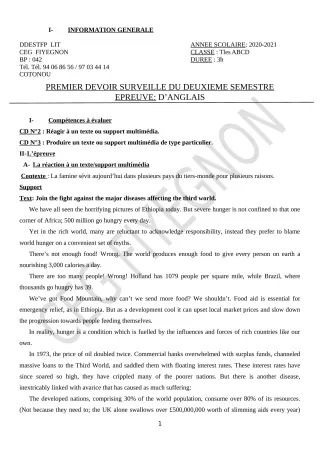 Première page de Anglais Tle A1, Tle A2, Tle B, Tle C, Tle D — 1er devoir surveillé, 2e semestre (2020-2021) · CEG FIYEGNON