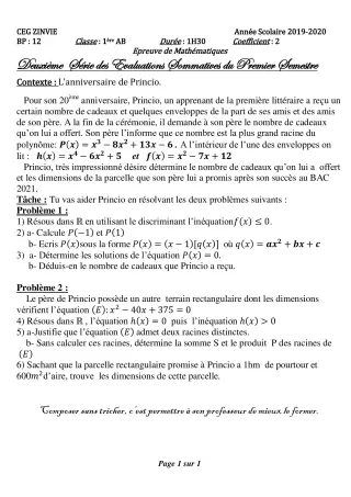 Première page de Mathématiques 1ère A — 2e évaluation sommative, 1er semestre (2019-2020) · CEG Zinvié
