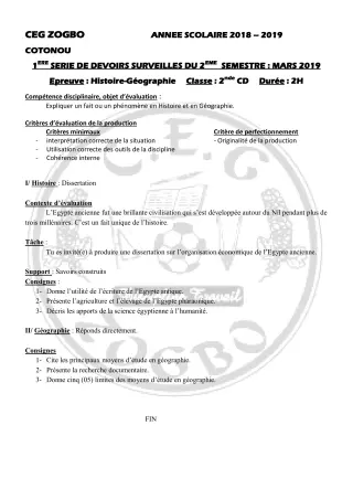 Première page de Histoire-Géographie 2nde C, 2nde D — 1er devoir surveillé, 2e semestre (2018-2019) · CEG ZOGBO