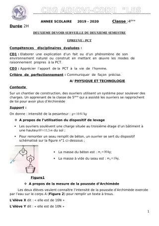 Première page de PCT 4e — 2e devoir surveillé, 2e semestre (2019-2020) · CEG ADJOVICODJI 'LES OLIVIERS'