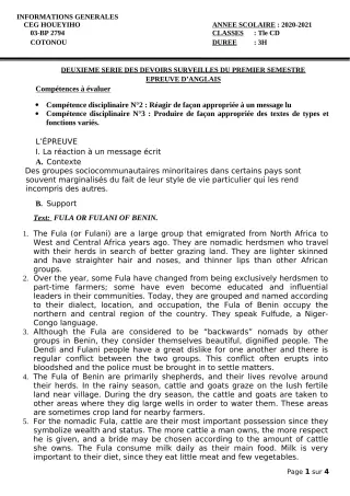 Première page de Anglais Tle C, Tle D — 2e devoir surveillé, 1er semestre (2020-2021) · CEG HOUEYIHO