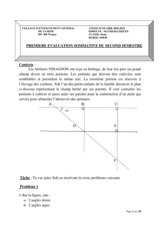 Première page de Mathématiques 6e, 5e, 4e, 3e, 3e ML, 2nde A2, 2nde B, 2nde C, 2nde D, 1ère A2, 1ère B, 1ère C, 1ère D, Tle A1, Tle A2, Tle B, Tle C, Tle D — 1re évaluation sommative, 2e semestre (2020-2021) · CEG Tan