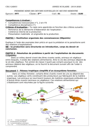 Première page de SVT 5e — 1er devoir surveillé, 2e semestre (2019-2020) · CEG GAROU