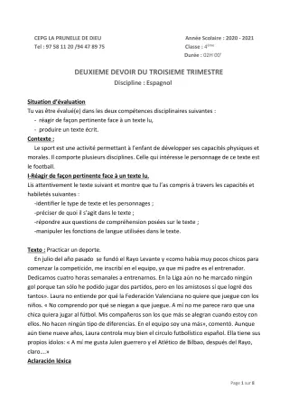 Première page de Espagnol 4e, 3e ML, 2nde B — 2e devoir surveillé, 3e trimestre (2020-2021) · CEPG La Prunelle de Dieu