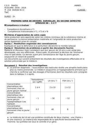 Première page de SVT Tle C — 1er devoir surveillé, 2e semestre (2018-2019) · CEG PAHOU