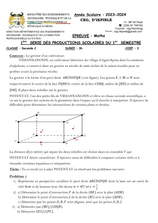 Première page de Mathématiques 2nde C — Production scolaire, 1er semestre (2023-2024) · CEG1 Ikpinlè