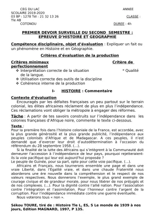 Première page de Histoire-Géographie Tle A2, Tle B — 1er devoir surveillé, 2e semestre (2019-2020) · CEG du Lac