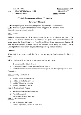 Première page de Allemand 4e ML — 1er devoir surveillé (2019-2020) · CEG du Lac