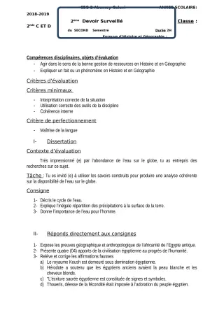 Première page de Histoire-Géographie 2nde C, 2nde D — 2e devoir surveillé, 2e semestre (2018-2019) · CEG2 ABOMEY - CALAVI (CEG ZOCA)