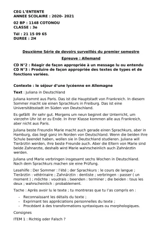 Première page de Allemand 3e ML — 2e devoir surveillé, 1er semestre (2020-2021) · CEG L'Entente