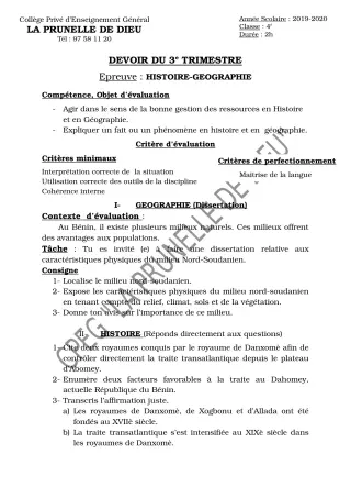 Première page de Histoire-Géographie 4e, 4e ML — Devoir surveillé, 3e trimestre (2019-2020) · CEPG La Prunelle de Dieu