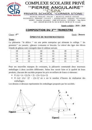 Première page de Mathématiques 4e, 4e ML — Composition, 3e trimestre (2019-2020) · CPEG PIERRE ANGULAIRE