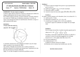 Première page de Mathématiques 3e, 3e ML — Devoir surveillé, 1er semestre (2019-2020) · CEG1 Kalalé