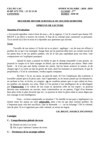 Première page de Français 6e, 4e, 4e ML, 3e, 3e ML — 2e devoir surveillé, 2e semestre (2018-2019) · CEG du Lac
