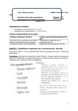 Première page de SVT 5e — 1re évaluation sommative, 1er semestre (2022-2023) · CEG2 ABOMEY - CALAVI (CEG ZOCA)