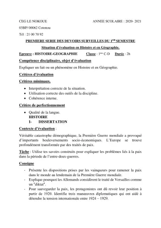 Première page de Histoire-Géographie 1ère C, 1ère D — 1er devoir surveillé, 1er semestre (2020-2021) · CEG LE NOKOUE