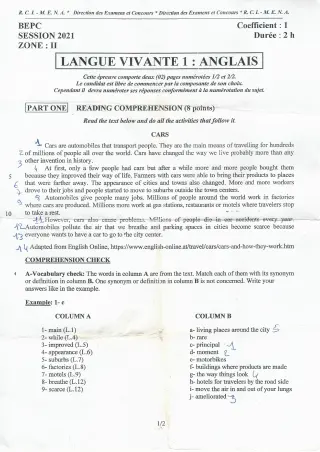 Première page de Épreuve BEPC 2021 lv1 anglais zone-2 Côte d’Ivoire