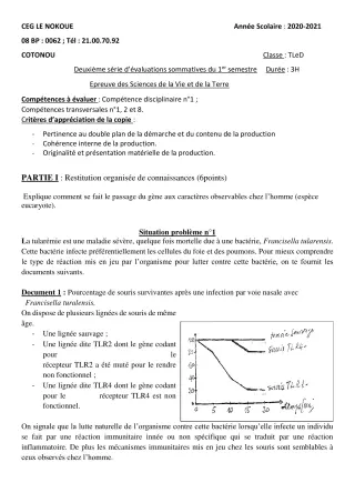 Première page de SVT Tle D — Évaluation sommative, 1er semestre (2020-2021) · CEG LE NOKOUE