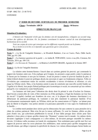 Première page de Français Tle A1, Tle A2, Tle B, Tle C, Tle D — 1er devoir surveillé, 1er semestre (2021-2022) · CEG LE NOKOUE