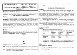 Première page de PCT 4e — 2e devoir surveillé, 1er semestre (2020-2021) · CEG ZONGO