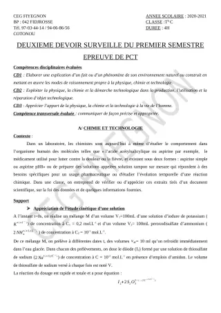 Première page de PCT Tle C — 2e devoir surveillé, 1er semestre (2020-2021) · CEG FIYEGNON