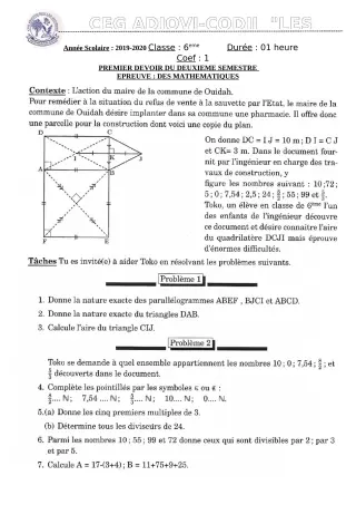 Première page de Mathématiques 6e — 1er devoir surveillé, 2e semestre (2019-2020) · CEG ADJOVICODJI 'LES OLIVIERS'