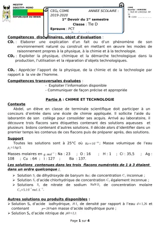 Première page de PCT Tle D — 1er devoir surveillé, 1er semestre (2019-2020) · CEG 1 Comè