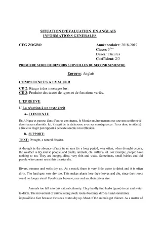Première page de Anglais 3e, 3e ML — 1er devoir surveillé, 2e semestre (2018-2019) · CEG ZOGBO