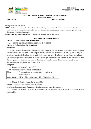 Première page de PCT 4e — 2e devoir surveillé, 1er semestre (2022-2023) · CEG SEKERE