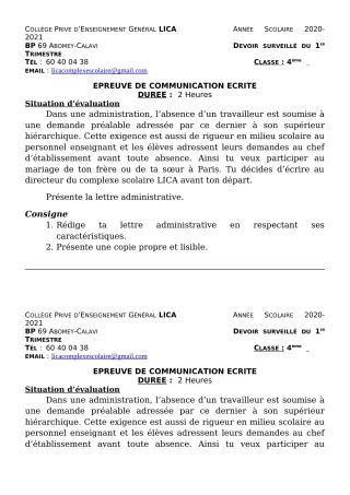 Première page de Français 4e — Devoir surveillé, 1er trimestre (2020-2021) · CPEG LICA