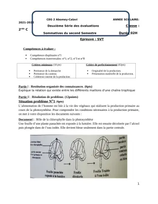 Première page de SVT 2nde C — 2e évaluation sommative, 2e semestre (2021-2022) · CEG2 ABOMEY - CALAVI (CEG ZOCA)