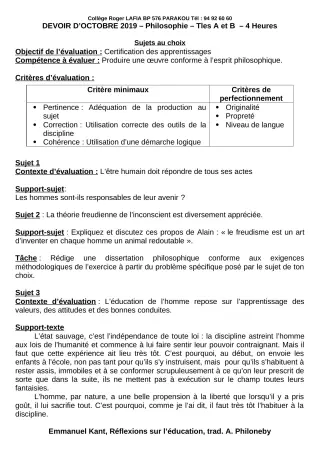 Première page de Philosophie Tle A1, Tle A2, Tle B — Devoir surveillé (2019-2020) · CPEG Roger LAFIA