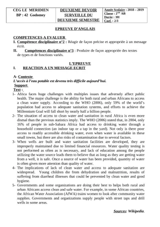 Première page de Anglais 2nde A & B — 2e devoir surveillé, 2e semestre (2018-2019) · CEG Le Méridien