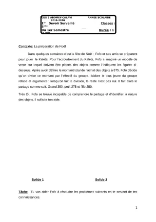 Première page de Mathématiques 5e — 1er devoir surveillé, 1er semestre (2018-2019) · CEG2 ABOMEY - CALAVI (CEG ZOCA)