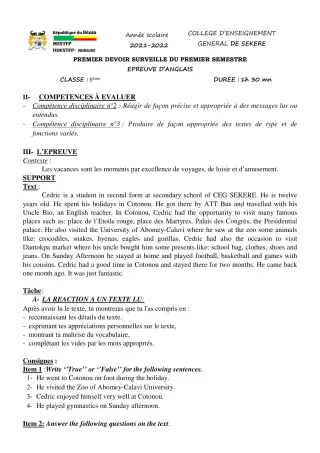 Première page de Anglais 5e — 1er devoir surveillé, 1er semestre (2021-2022) · CEG SEKERE