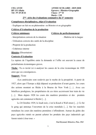 Première page de Histoire-Géographie 1ère D — 2e évaluation sommative, 1er semestre (2019-2020) · CEG AYOU