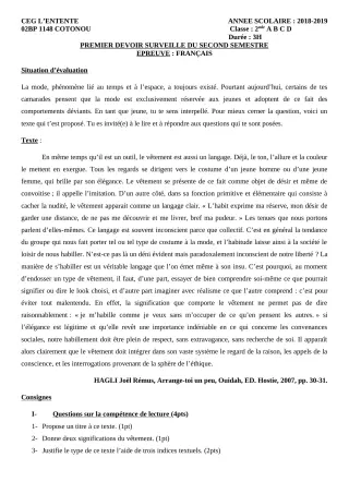 Première page de Français 2nde A2, 2nde B, 2nde C, 2nde D — 1er devoir surveillé, 2e semestre (2018-2019) · CEG L'Entente