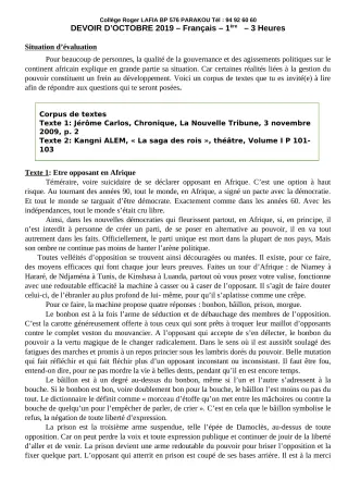 Première page de Français 1ère A1, 1ère A2, 1ère B, 1ère C, 1ère D — Devoir surveillé (2019-2020) · CPEG Roger LAFIA