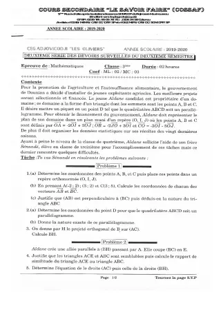 Première page de Mathématiques 3e — 2e devoir surveillé, 2e semestre (2019-2020) · CEG ADJOVICODJI 'LES OLIVIERS'