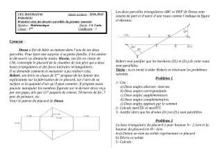 Première page de Mathématiques 5e — 1er devoir surveillé, 1er semestre (2018-2019) · CEG Banikanni
