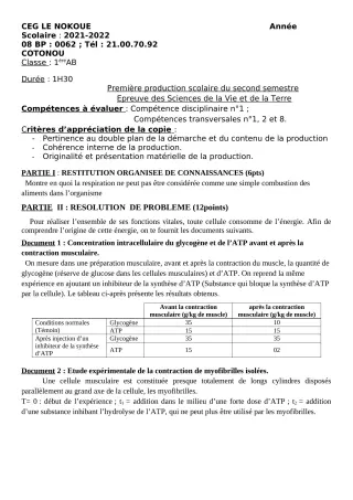 Première page de SVT 1ère A1, 1ère A2, 1ère B — 1re production scolaire, 2e semestre (2021-2022) · CEG LE NOKOUE