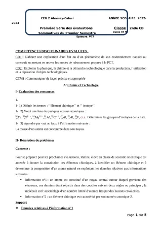 Première page de PCT 2nde C — Composition, 1er semestre (2022-2023) · CEG2 ABOMEY - CALAVI (CEG ZOCA)