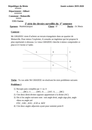 Première page de Mathématiques 6e — 2e devoir surveillé, 1er semestre (2019-2020) · CEG GAROU