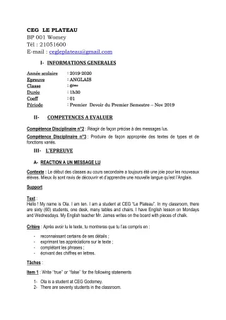 Première page de Anglais 6e — 1er devoir surveillé, 1er semestre (2019-2020) · CEG Le Plateau